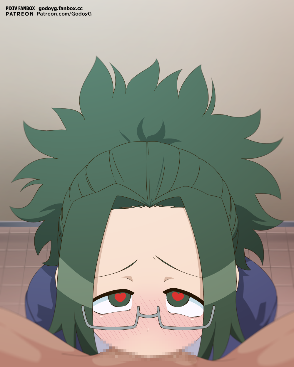 1boy 1girl agari_himiko blue_jacket blush censored deepthroat fanbox_username felipe_godoy fellatio glasses green_hair grey-framed_eyewear heart heart-shaped_pupils hetero high_ponytail highres indoors itan_private_high_school_uniform jacket komi-san_wa_komyushou_desu long_hair looking_at_viewer mosaic_censoring oral paid_reward_available parted_bangs patreon_username penis ponytail pov school_uniform semi-rimless_eyewear shirt symbol-shaped_pupils tile_floor tiles under-rim_eyewear white_shirt winter_uniform