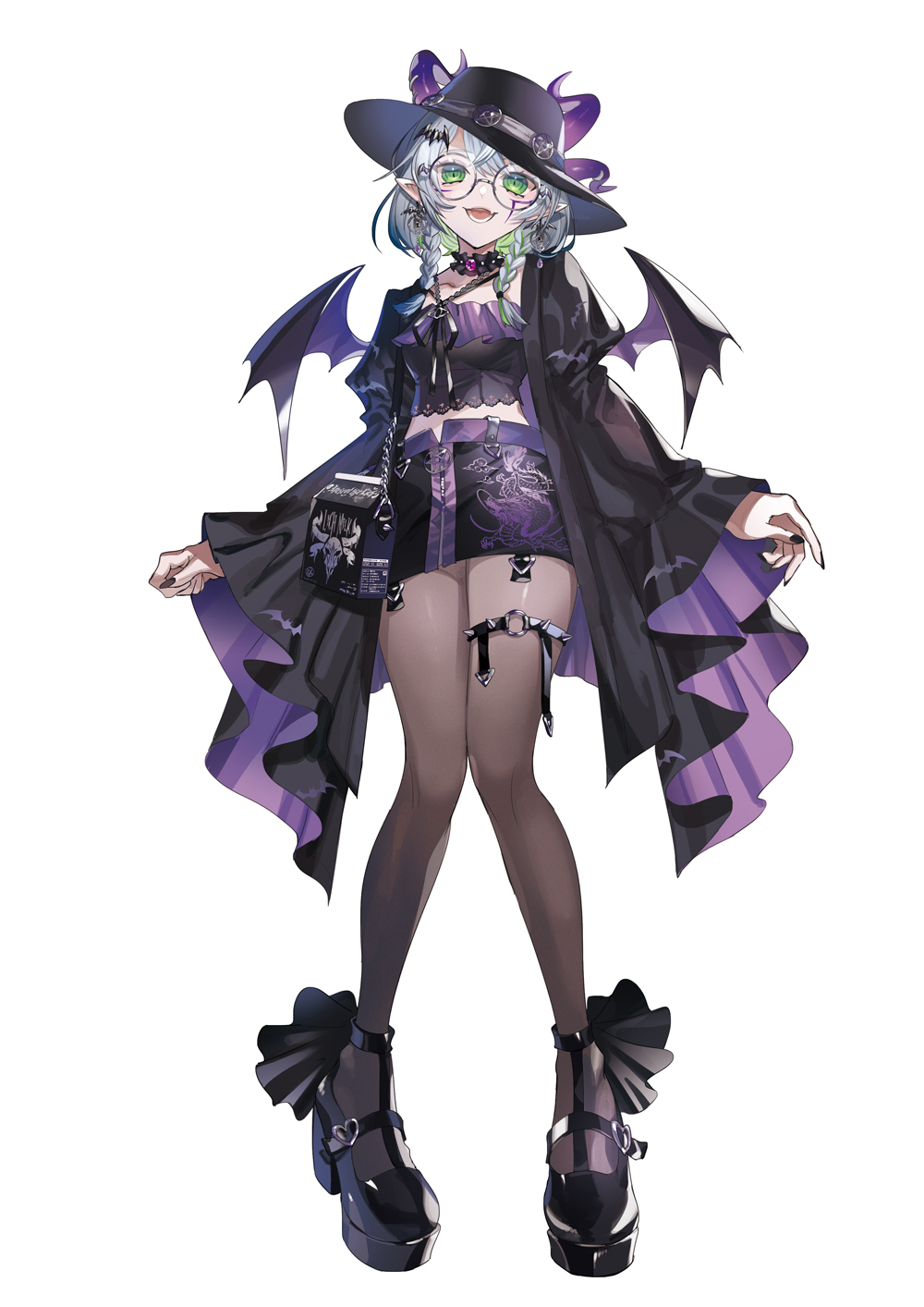 1girl apricot_the_lich apricot_the_lich_(froot_2.0) black_shoes braid demon_girl demon_horns demon_wings green_eyes green_hair highres horns looking_at_viewer multicolored_hair multiple_horns pantyhose pointy_ears puppeteer7777 shoes smile solo twin_braids virtual_youtuber vshojo wings