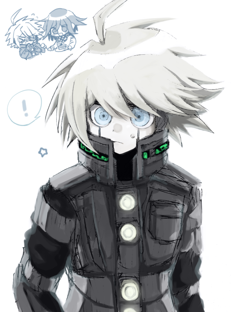 ! 2boys ahoge android armor blue_eyes chibi commentary_request danganronpa_(series) danganronpa_v3:_killing_harmony gloves hair_between_eyes k1-b0 long_sleeves male_focus medium_hair miaivz multiple_boys oma_kokichi pale_skin partial_commentary power_armor ringed_eyes robot_ears short_hair solo_focus spoken_exclamation_mark star_(symbol) upper_body white_background white_hair