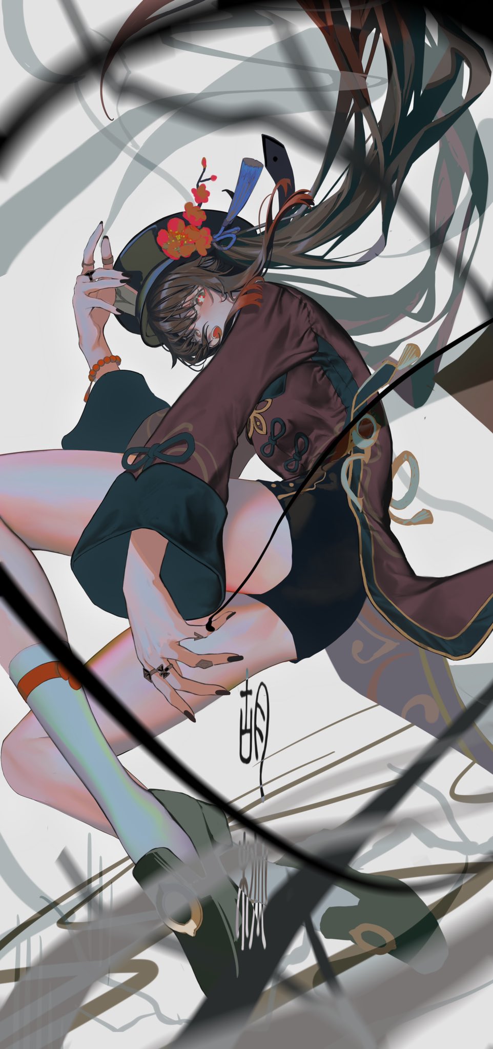 1girl bead_bracelet beads black_nails black_shorts bracelet brown_coat brown_hair character_name chinese_clothes coat coattails floating_hair flower flower-shaped_pupils from_below full_body genshin_impact grey_eyes hand_up hat hat_flower hat_tassel heart highres hu_tao_(genshin_impact) jewelry kayakooooo loafers long_hair long_sleeves looking_at_viewer looking_down multiple_rings open_mouth plum_blossoms porkpie_hat red_flower revision ring shoes short_shorts shorts smile socks solo string string_of_fate symbol-shaped_pupils tailcoat thumb_ring twintails very_long_hair white_socks wide_sleeves