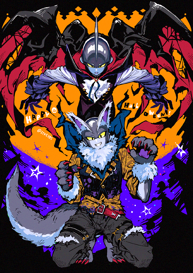2boys animal_ears animal_hands belt black_cape black_pants cape colored_sclera colored_skin dragon_ball dragon_ball_super dragon_ball_super_super_hero fake_animal_ears fur_collar fur_trim gamma_1 gamma_2 gloves grin halloween halloween_costume happy_halloween itsuki_(nightlight) long_sleeves male_focus multiple_boys open_mouth pants paw_gloves red_cape shirt simple_background smile twitter_username vest yellow_sclera