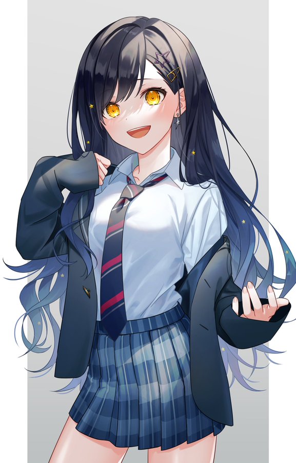 1girl :d black_hair blazer blue_hair blue_jacket blue_necktie buttons collarbone collared_shirt commentary cowboy_shot diagonal-striped_clothes diagonal-striped_necktie earrings fingernails gradient_hair grey_background hair_behind_ear hair_ornament hairclip jacket jacket_partially_removed jewelry kamiyama_high_school_uniform_(project_sekai) letterboxed light_blue_hair long_hair long_sleeves loose_necktie multicolored_hair multicolored_necktie multicolored_skirt necktie non-web_source omurais_kcp open_collar open_mouth outside_border paperclip_hair_ornament pleated_skirt project_sekai red_necktie school_uniform shiraishi_an shirt skirt sleeves_past_wrists smile solo star_(symbol) star_earrings star_hair_ornament striped_clothes swept_bangs teeth upper_teeth_only very_long_hair white_shirt yellow_eyes