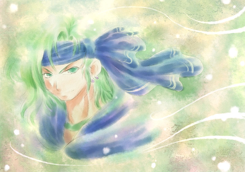 1boy asymmetrical_bangs blending blue_headband blue_hood choker closed_mouth commentary_request cropped_torso ear_piercing floating_clothes fuyuzato_seia green_background green_choker green_eyes green_hair headband hood hood_down hoshi_wo_miru_hito light_particles looking_at_viewer male_focus medium_hair piercing shiba_(hoshi_wo_miru_hito) smile solo stargazer_(series) v-shaped_eyebrows wind