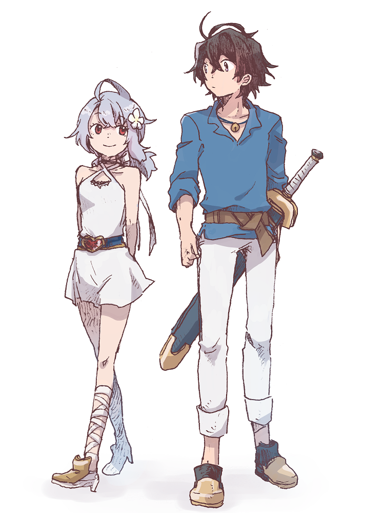 1boy 1girl ahoge aldo_(another_eden) ankle_boots another_eden armored_boots armpit_crease arms_at_sides arms_behind_back bare_shoulders bell belt belt_buckle black_boots black_choker black_hair blue_belt blue_shirt boots breasts brother_and_sister brown_eyes buckle choker closed_mouth collarbone commentary_request criss-cross_halter crossed_bangs double-parted_bangs dress eye_contact feinne_(another_eden) flower full_body grey_hair hair_between_eyes hair_flower hair_ornament halterneck hatching_(texture) heart heart-shaped_buckle heel_up high_heel_boots high_heels jewelry jingle_bell leg_ribbon linear_hatching long_sword looking_at_another looking_to_the_side male_focus medium_hair michibata_65 necklace pants pants_rolled_up parted_bangs pendant red_eyes ribbon scabbard sheath sheathed shirt short_dress short_hair siblings side-by-side sidelocks sideways_glance simple_background sleeveless sleeveless_dress sleeves_rolled_up small_breasts smile standing three-quarter_sleeves toes_up turning_head v-neck white_background white_boots white_dress white_flower white_pants white_ribbon