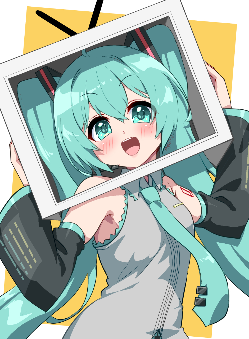 1girl antennae aqua_eyes aqua_hair aqua_necktie bare_shoulders black_sleeves blush border box_on_head collared_shirt commentary cosplay detached_sleeves 2024_niconico_cyberattack grey_shirt hair_ornament hands_up hatsune_miku headset highres holding_monitor kouki_kuu long_hair looking_at_viewer necktie niconico open_mouth outside_border rabbit_ears_antenna shirt shoulder_tattoo simple_background sleeveless sleeveless_shirt smile solo tattoo teeth television terebi-chan terebi-chan_(cosplay) tie_clip triangle_mouth twintails twitter_username upper_body upper_teeth_only variant_set very_long_hair vocaloid white_border yellow_background