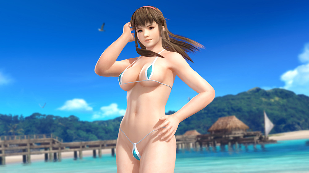 1girl 3d beach bikini breasts brown_hair dead_or_alive dead_or_alive_xtreme_3_fortune dead_or_alive_xtreme_beach_volleyball female_focus hitomi_(doa) large_breasts long_hair micro_bikini nature ocean official_art outdoors plant sky solo swimsuit tecmo