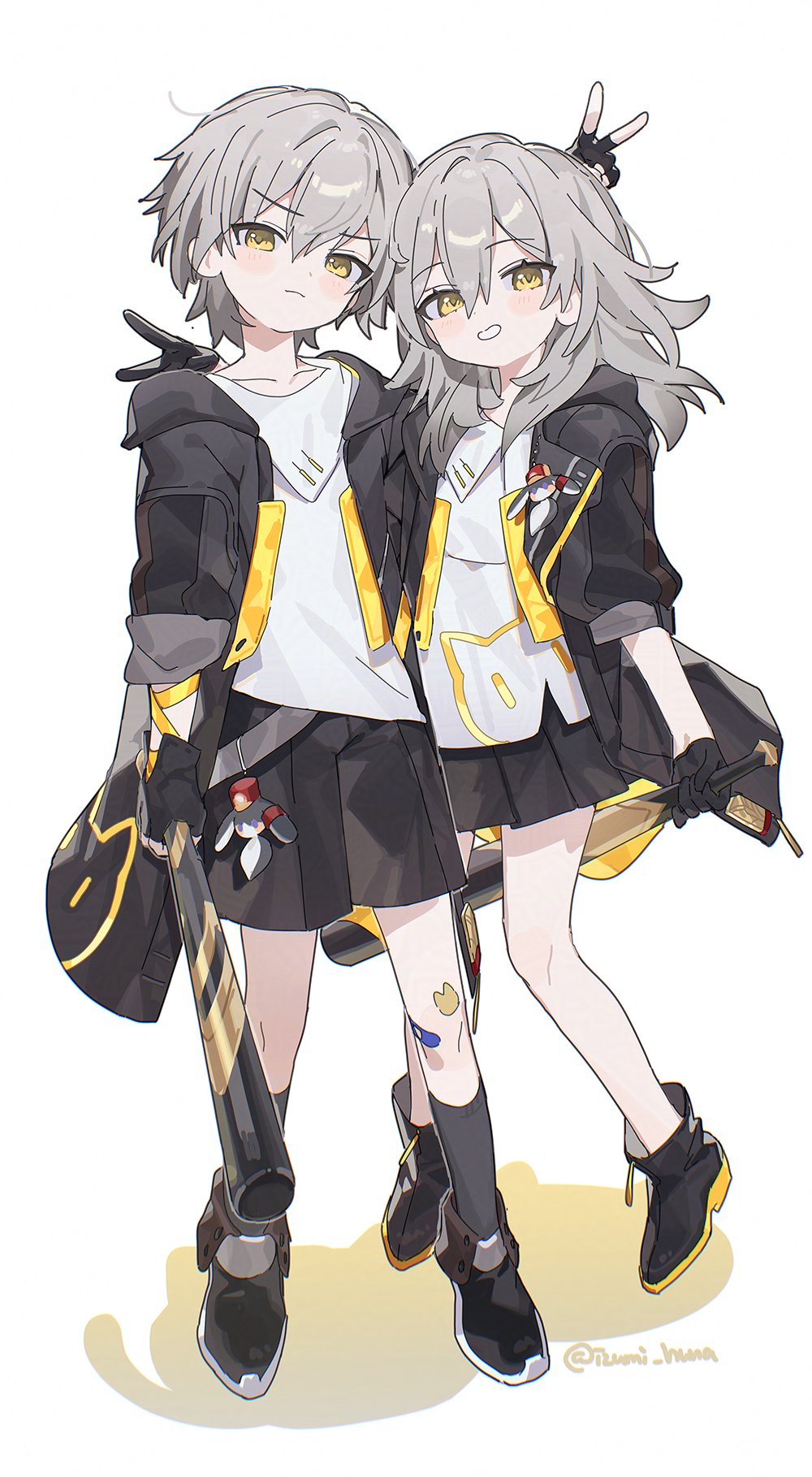1boy 1girl aged_down arm_ribbon artist_name bandaid bandaid_on_leg baseball_bat black_boots black_coat black_gloves black_shorts black_skirt black_socks blush boots caelus_(honkai:_star_rail) charm_(object) child closed_mouth coat collarbone commentary dual_persona fingerless_gloves funa_(sakana) gloves grey_hair hair_between_eyes hand_up highres holding holding_baseball_bat honkai:_star_rail honkai_(series) lapels long_hair long_sleeves looking_at_viewer open_clothes open_coat pom-pom_(honkai:_star_rail) puffy_long_sleeves puffy_sleeves ribbon shadow shirt short_hair shorts sidelocks simple_background skirt smile socks stelle_(honkai:_star_rail) sticker_on_leg symbol-only_commentary t-shirt teeth trailblazer_(honkai:_star_rail) two-sided_coat two-sided_fabric v white_background white_shirt yellow_coat yellow_eyes
