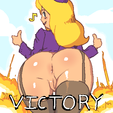 advance_wars aliasing anus blonde_hair blush bottomless cleft_of_venus cowboy_shot english_text from_behind garter_straps happy jacket long_hair looking_at_viewer looking_back lowres musical_note nell_(advance_wars) nintendo noill outdoors purple_headwear purple_jacket pussy smile standing thighhighs thumbs_up uncensored