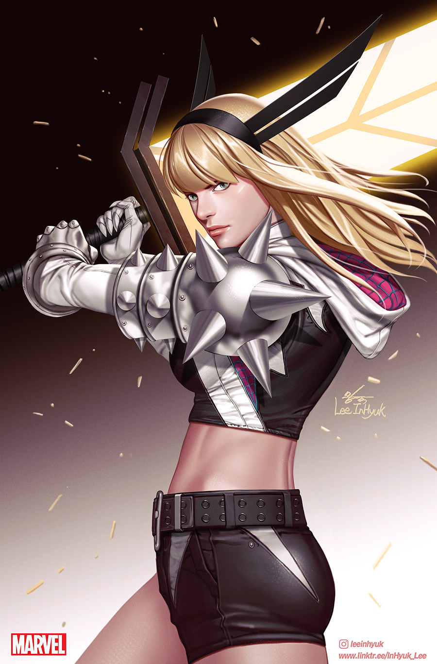 1girl artist_name belt black_belt black_hairband black_hoodie black_shorts blonde_hair blue_eyes commentary cropped_hoodie english_commentary english_text gloves glowing glowing_weapon gwen_stacy hairband highres holding holding_sword holding_weapon hood hoodie huge_weapon in-hyuk_lee instagram_logo instagram_username logo long_hair magik_(x-men) marvel midriff multicolored_hoodie over_shoulder pink_hoodie short_shorts shorts signature solo spider-gwen spider-man_(series) spiked_pauldrons standing sword watermark weapon weapon_over_shoulder web_address white_gloves white_hoodie