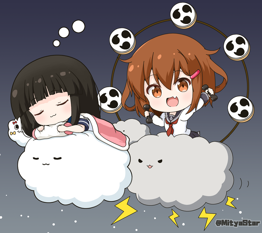2girls :3 :d anchor_symbol animal bird black_hair black_sailor_collar black_skirt blue_background blush brown_eyes brown_hair chibi closed_eyes closed_mouth cloud commentary_request dumbbell failure_penguin fang floating hair_between_eyes hair_ornament hairclip hatsuyuki_(kancolle) hime_cut holding ikazuchi_(kancolle) kantai_collection lightning_bolt_symbol long_hair long_sleeves looking_at_viewer lying miss_cloud mitsudomoe_(shape) mitya multiple_girls neckerchief on_stomach open_mouth penguin pillow pillow_grab pleated_skirt red_neckerchief sailor_collar school_uniform serafuku shirt short_sleeves simple_background skirt sleeping smile solo tomoe_(symbol) twitter_username under_covers white_background white_shirt