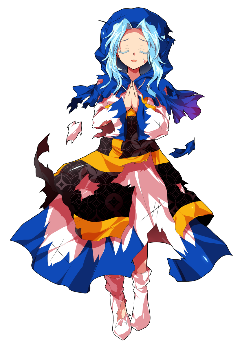 1girl alphes_(style) blue_eyes blue_hair blue_hood clenched_hands closed_eyes commentary_request dairi dress frills full_body hands_up highres holding hood hood_up hoop jewelry kesa kumoi_ichirin large_variant_set long_hair long_sleeves multicolored_dress necklace own_hands_clasped own_hands_together parody pendant smile socks solo standing style_parody sweatdrop tachi-e torn_clothes torn_dress torn_hood torn_sleeves torn_socks touhou transparent_background variant_set wide_sleeves