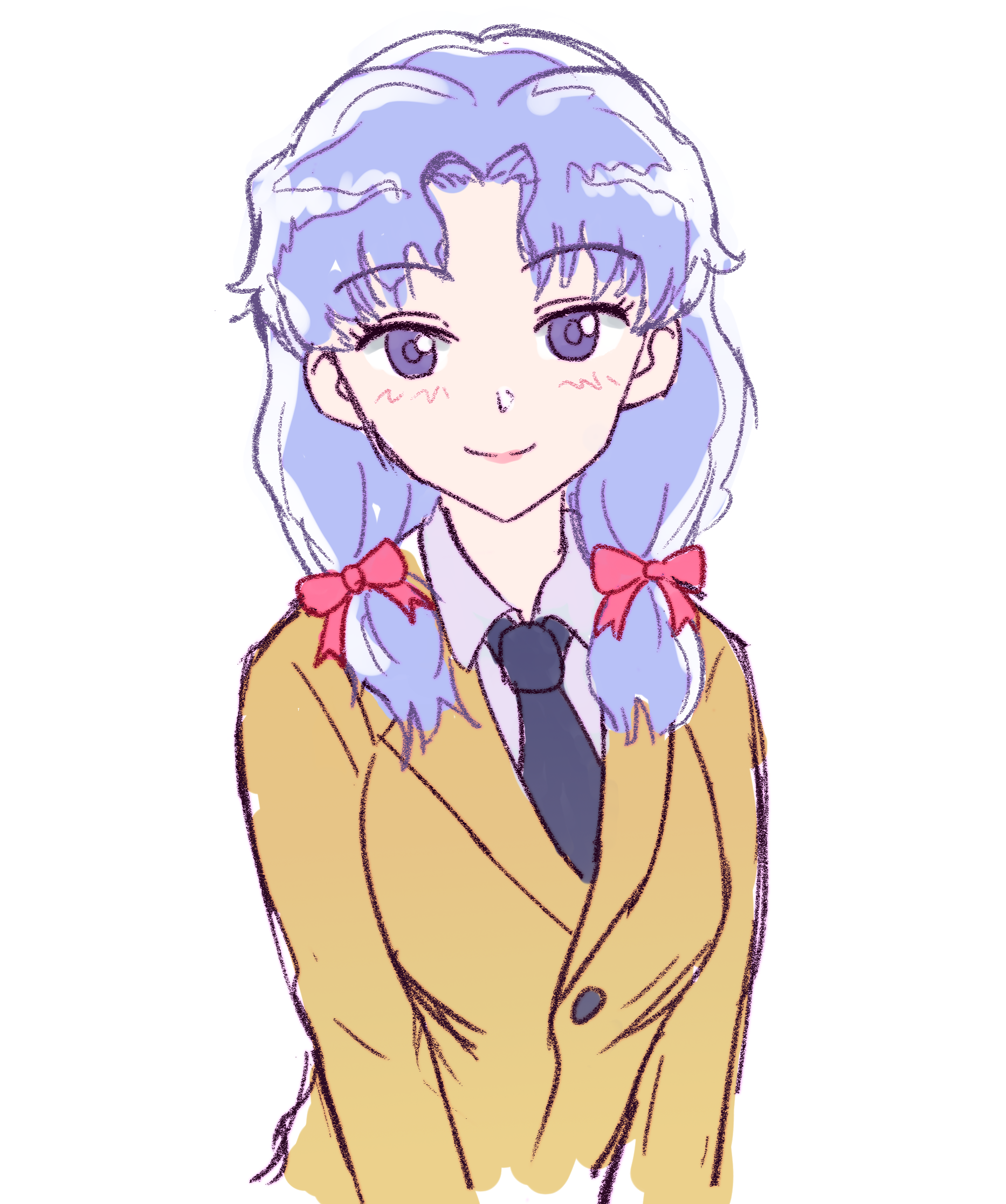 1girl black_necktie blue_hair bow breasts closed_mouth collared_shirt el_hazard grey_shirt hair_bow hair_intakes highres ifurita jacket light_blue_hair long_hair looking_at_viewer low_twintails medium_breasts multiple_hair_bows necktie pink_bow purple_eyes purple_pupils shirt simple_background smile solo split_mouth twintails white_background yellow_jacket zawabug