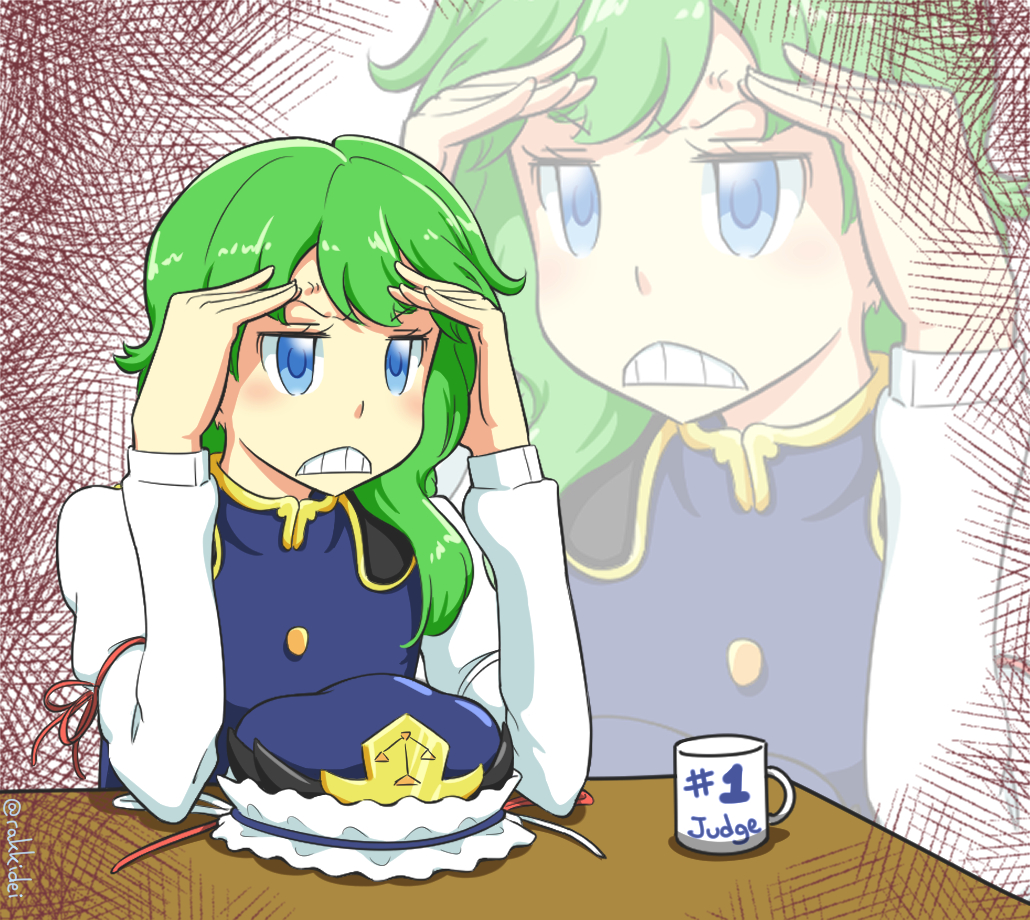 1girl asymmetrical_hair blue_eyes blue_headwear blue_vest bow buttons clenched_teeth coffee_mug cup elbows_on_table flat_chest frilled_hat frills furrowed_brow green_hair hair_ornament hand_on_own_forehead hat long_sleeves mug mug_writing rakkidei red_bow shiki_eiki shirt short_hair simple_background stress table teeth touhou vest white_bow white_shirt zoom_layer