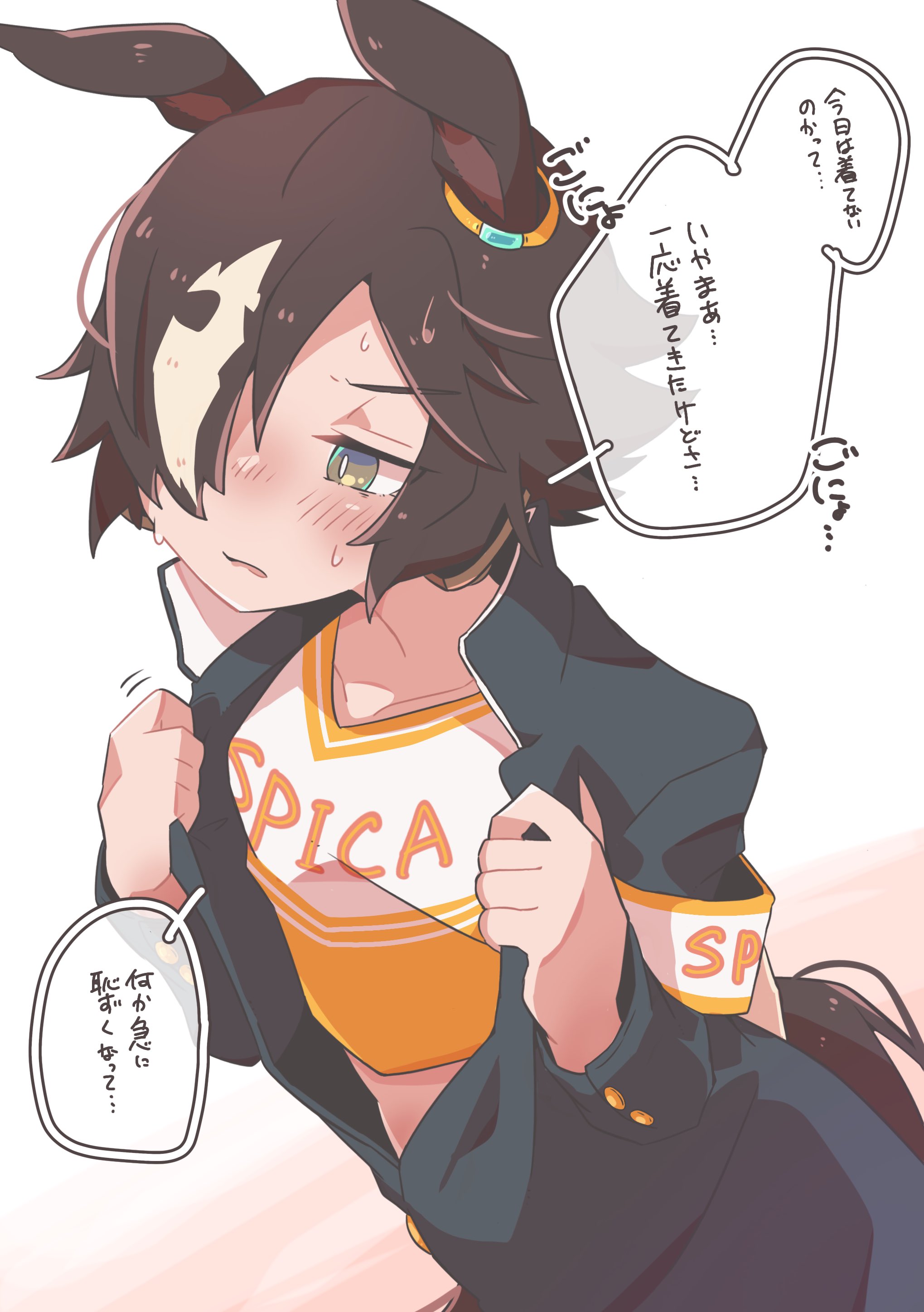 absurdres animal_ears brown_hair ear_ornament hair_over_one_eye highres horse_ears horse_girl horse_tail maru_(hachi_47923) midriff multicolored_hair tail umamusume umamusume_(anime) vodka_(umamusume)