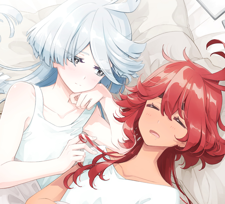 2girls ahoge bed closed_eyes collarbone drooling grey_eyes gundam gundam_suisei_no_majo indoors light_blush long_hair looking_at_another miorine_rembran multiple_girls open_mouth pillow playing_with_another&#039;s_hair red_hair sakuraba_yuuki sleeping suletta_mercury thick_eyebrows under_covers white_hair yuri