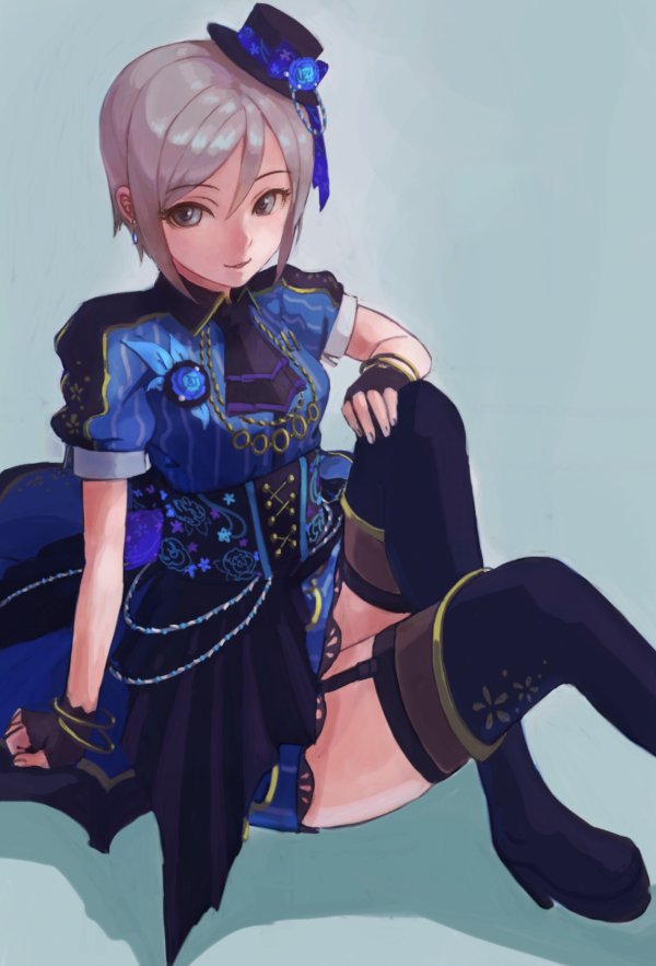 1girl aqua_background arm_at_side ascot black_ascot black_boots black_gloves black_hat blue_flower blue_rose blue_shirt blue_skirt boots bracelet corset earrings fingerless_gloves fingernails floral_print flower garter_straps gloves grey_eyes grey_thighhighs hair_between_eyes hand_on_own_knee hat hat_flower high_heel_boots high_heels idolmaster idolmaster_cinderella_girls idolmaster_cinderella_girls_starlight_stage jewelry mini_hat mini_top_hat miniskirt rose rose_print shadow shiomi_syuko shirt short_hair short_sleeves silver_hair sitting skirt smile solo striped_clothes striped_shirt striped_skirt thigh_boots thighhighs top_hat vaison vertical-striped_clothes vertical-striped_shirt vertical-striped_skirt zettai_ryouiki