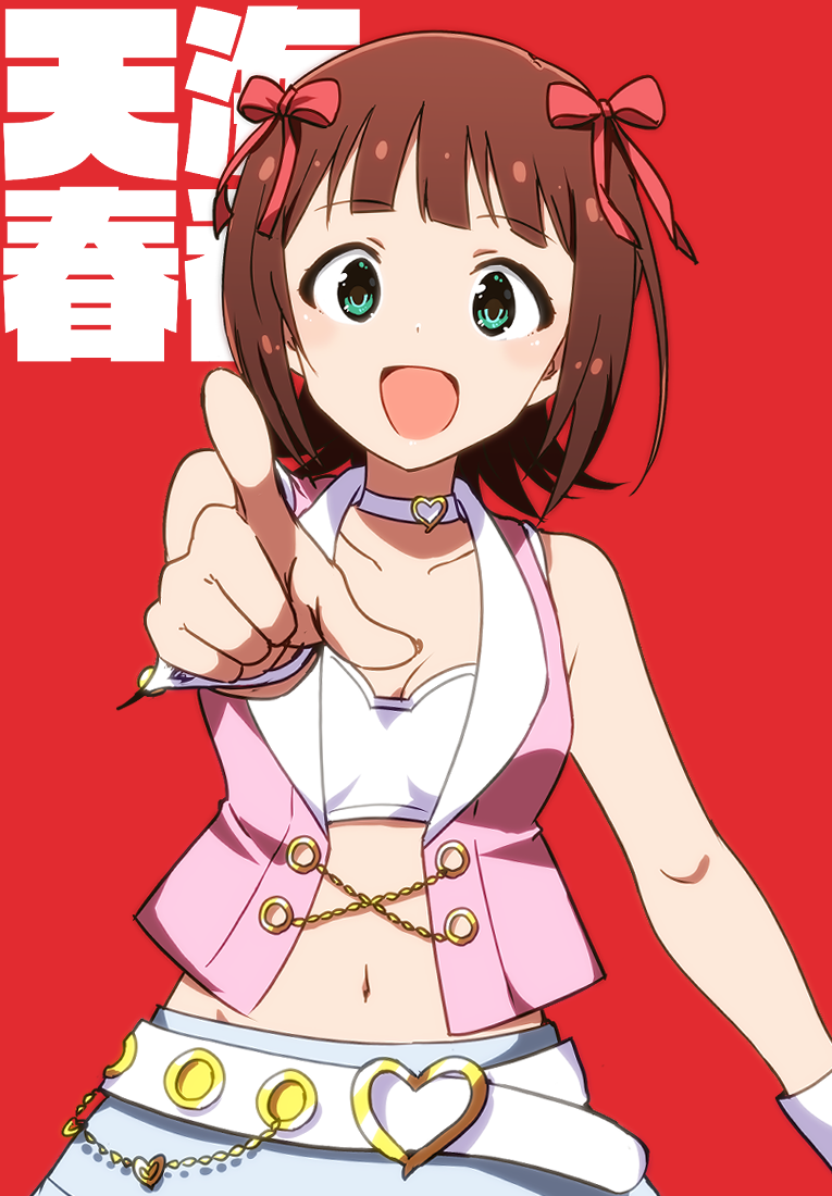 1girl amami_haruka bare_shoulders belt blue_skirt blush bow breasts brown_hair buckle character_name choker cleavage collarbone crop_top cropped_shirt dot_nose green_eyes hair_bow hair_ribbon hand_up heart heart-shaped_buckle heart_choker idolmaster idolmaster_(classic) idolmaster_million_live! idolmaster_million_live!_theater_days jacket kidachi looking_at_viewer luxury_(idolmaster) medium_breasts midriff navel open_clothes open_jacket open_mouth pink_diamond_765_(idolmaster) pink_jacket pointing pointing_at_viewer red_background red_ribbon ribbon shirt short_hair simple_background skirt smile solo strapless strapless_shirt upper_body white_belt white_choker white_shirt white_wrist_cuffs wrist_cuffs