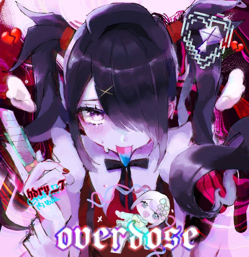 1girl :d ame-chan_(needy_girl_overdose) black_hair blonde_hair blue_eyes blue_hair blue_serafuku blue_tongue bow boxcutter character_doll chest_bow chibi chouzetsusaikawa_tenshi-chan colored_tongue cursor doll drawn_wings english_text hair_bow hair_ornament hair_over_one_eye hand_on_own_wrist holding holding_boxcutter looking_at_viewer multiple_hair_bows naishukketsukata needy_girl_overdose open_mouth pink_hair purple_eyes quad_tails reaching reaching_towards_viewer red_nails school_uniform serafuku short_twintails sidelocks smile sweat twintails upper_body x_hair_ornament