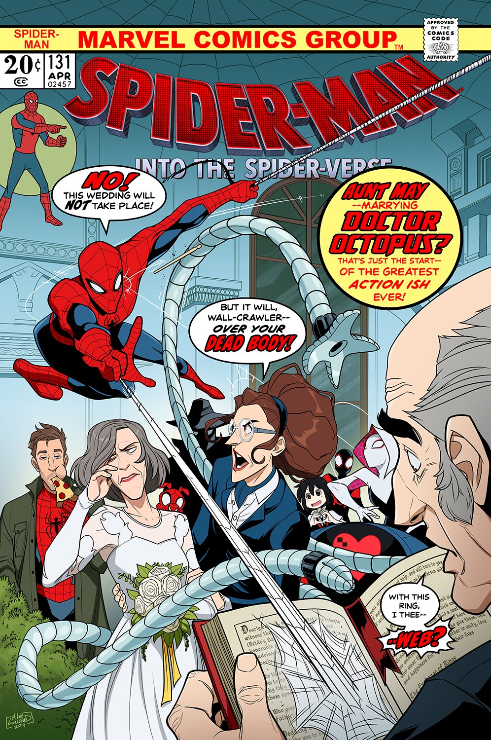 4girls 6+boys angry annoyed beehive_hairdo bodysuit book bush church cover doctor_octopus dress eating english_text expressionless facial_hair fake_cover gwen_stacy heart heart_(symbol) heart_hands highres hood hooded_bodysuit marvel mask mature_female mature_male may_parker miles_morales multiple_boys multiple_girls mx._moz olivia_octavius open_book peni_parker peter_b_parker peter_parker pizza pizza_slice school_uniform shouting silk sp//dr spider-gwen spider-ham spider-man spider-man:_into_the_spider-verse spider-man_(miles_morales) spider-man_(series) spider-man_noir spider-verse spider_web spider_web_print stubble superhero_costume tentacles unworn_mask webbing wedding wedding_dress yuri