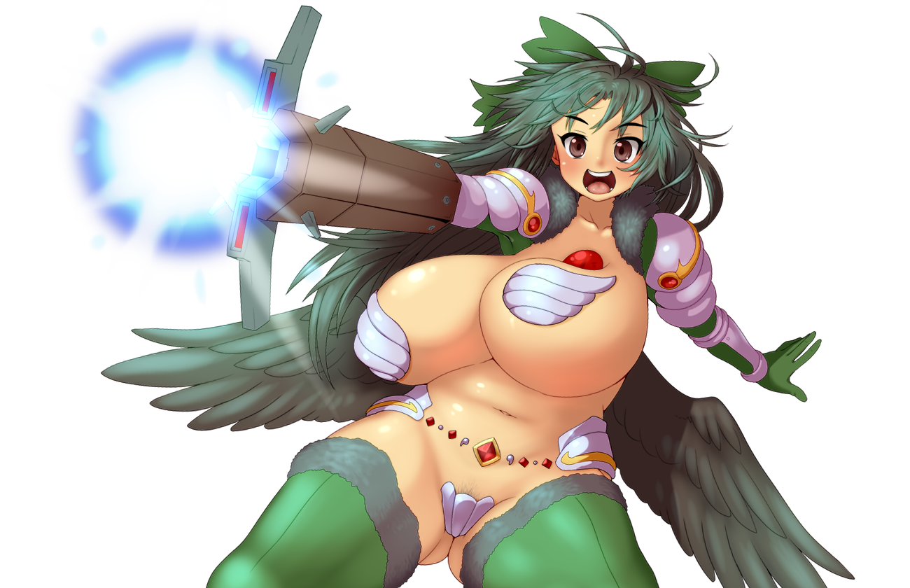 1girl :d arm_cannon armor belly blue_hair blush bouncing_breasts bow breasts brown_eyes curvy d.koutya female_focus female_pubic_hair hair_bow huge_breasts long_hair looking_at_viewer navel open_mouth pasties plump pubic_hair reiuji_utsuho reverse_bikini_armor reverse_outfit round_teeth smile solo teeth thick_thighs thighhighs thighs third_eye touhou transparent_background weapon wings