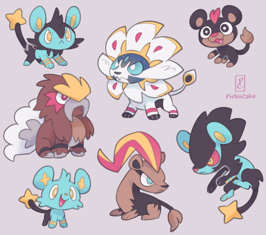 artist_name black_eyes blue_sclera bright_pupils closed_mouth colored_sclera commentary english_commentary entei evolutionary_line fangs gen_2_pokemon gen_4_pokemon gen_6_pokemon gen_7_pokemon legendary_pokemon litleo luxio luxray lying nintendo no_humans pichiicake pokemon pokemon_(creature) pyroar pyroar_(female) red_eyes shinx signature sitting solgaleo white_pupils yellow_eyes