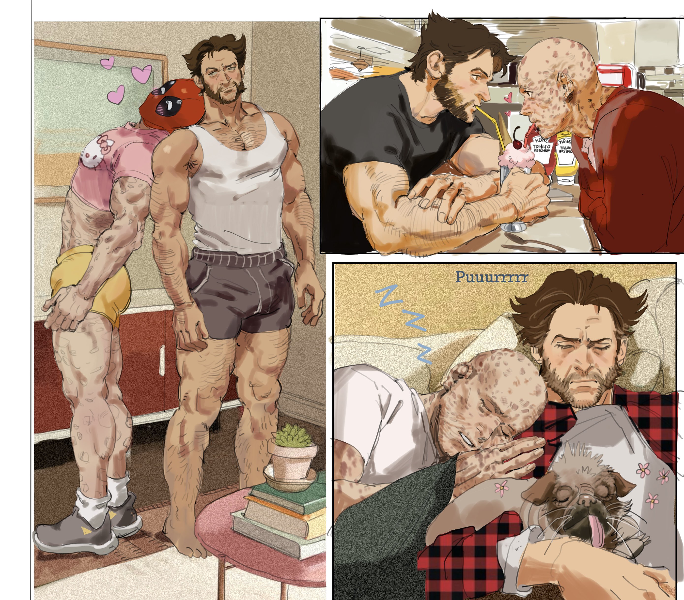 2boys absurdres arm_hair armpit_hair bald barefoot beard black_shirt blush book brown_hair cherry chest_hair closed_eyes closed_mouth couple crop_top dating deadpool deadpool_&_wolverine deadpool_(series) dog dogpool drink drinking drinking_straw drinking_straw_in_mouth dudles facial_hair food fruit full_body hairy hashtag-only_commentary head_on_another's_shoulder heart hello_kitty highres indoors leg_hair long_sleeves looking_at_another lying lying_on_person male_focus marvel marvel_cinematic_universe mature_male milkshake multiple_boys muscular muscular_male open_clothes pectorals pillow plaid_clothes plaid_shirt purring red_mask sanrio scar scars_all_over shared_drink shirt shoes short_hair short_sleeves shorts sleeping socks table tank_top too_many white_shirt white_socks white_tank_top wolverine_(x-men) x-men yaoi zzz