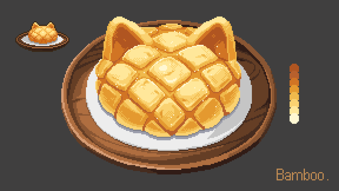 artist_name bamboobeboo bread color_guide food food_focus grey_background melon_bread no_humans original pixel_art plate wooden_tray