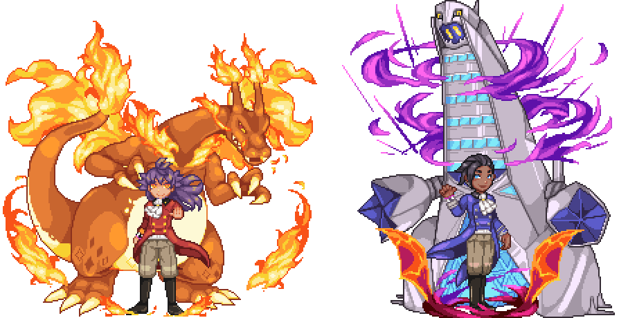 2boys bad_id bad_pixiv_id boots charizard claws commentary_request dark-skinned_male dark_skin dragon duraludon fire flame-tipped_tail gen_1_pokemon gen_8_pokemon gigantamax gigantamax_charizard gigantamax_duraludon gym_leader k-shiki leon_(pokemon) long_sleeves male_focus multiple_boys nintendo pants pixel_art pokemon pokemon_(creature) pokemon_swsh raihan_(pokemon) sprite tail transparent_background