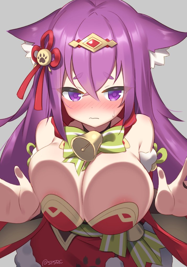1girl against_glass animal_ear_fluff animal_ears areola_slip azur_lane bell blush bow bowtie breast_press breasts breasts_on_glass cat_ears commentary female_focus grey_background hair_ornament large_breasts long_hair nose_blush paw_print purple_eyes purple_hair simple_background solo supershiruco symbol-only_commentary twitter_username urakaze_(azur_lane) urakaze_(seasonal_shogun)_(azur_lane) wavy_mouth