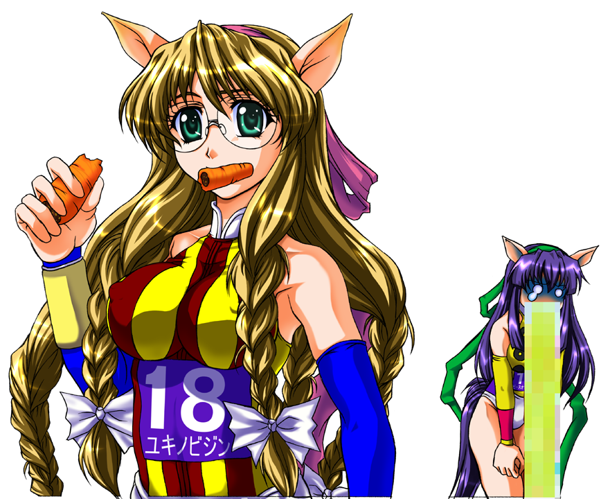 2000s_(style) 2girls abriel00 animal_ears black-framed_eyewear blonde_hair bow braid breasts buruma carrot commentary_request covered_erect_nipples eating glasses gloom_(expression) green_eyes green_hairband hair_bow hairband horse_ears horse_girl horse_tail large_breasts long_hair looking_at_viewer multiple_braids multiple_girls o_o peace_of_world_(racehorse) personification pink_hairband race_bib real_life red_shirt shirt simple_background striped_clothes striped_shirt tail upper_body vomiting white_background white_bow white_buruma yellow_shirt yukino_bijin_(racehorse)