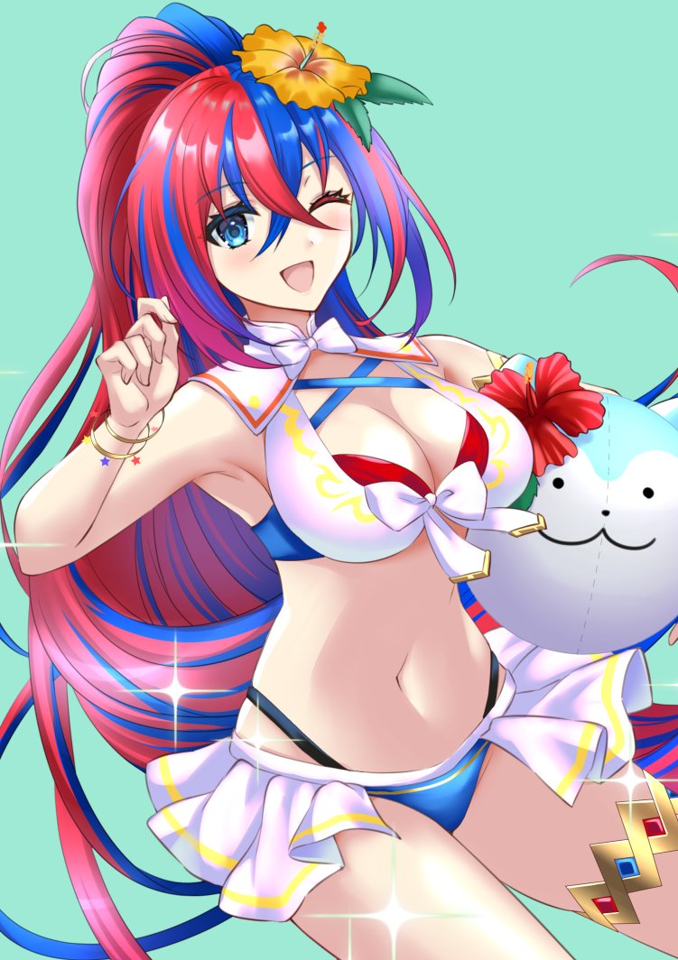 1girl alear_(female)_(fire_emblem) bikini blue_bikini blue_eyes blue_hair breasts character_ball cleavage criss-cross_halter crossed_bangs female_alear_(fire_emblem) female_alear_(seaside_dragon)_(fire_emblem) fire_emblem fire_emblem_engage fire_emblem_heroes halterneck heterochromia kakiko210 large_breasts long_hair multicolored_bikini multicolored_hair multicolored_swimsuit navel nintendo official_alternate_costume official_alternate_hairstyle ponytail red_bikini red_eyes red_hair sommie_(fire_emblem) split-color_hair swimsuit two-tone_hair very_long_hair white_bikini