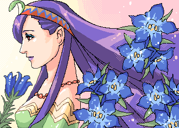 1girl bare_shoulders chrono_(series) chrono_cross collarbone dress eyeshadow female_focus flower from_side gentiana_(flower) green_dress headpiece jewelry long_hair lowres makeup necklace pearl_necklace purple_hair red_eyes riddel smiley_face solo very_long_hair