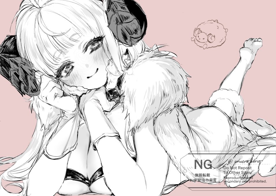 1girl anila_(granblue_fantasy) barefoot blush breasts cleavage draph granblue_fantasy greyscale horns large_breasts lying monochrome on_stomach pink_background rakko-chan_genkou-chuu sheep_girl sheep_horns simple_background soles solo