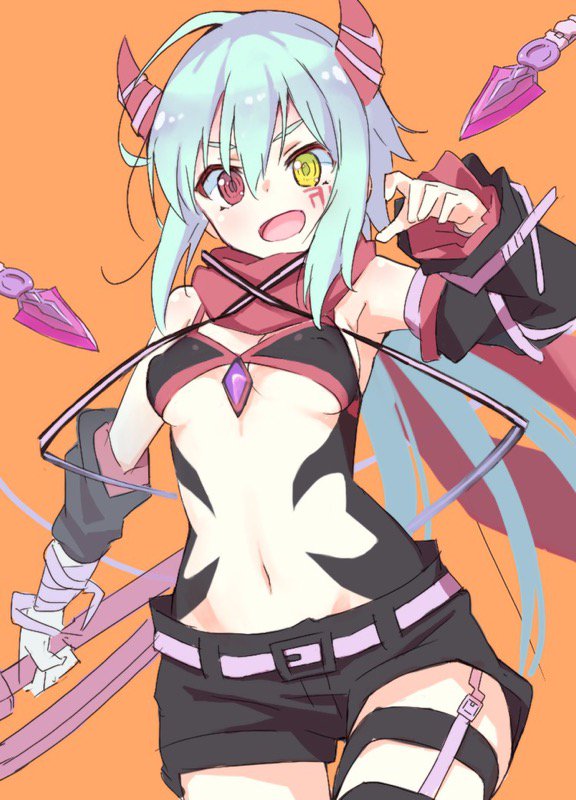 1girl anna_(princess_connect!) aqua_hair belt bikini black_bikini black_shorts breasts covered_erect_nipples detached_sleeves heterochromia horns long_hair looking_at_viewer navel open_mouth orange_background princess_connect! red_eyes sakura_akami scarf shorts simple_background small_breasts smile solo swimsuit tattoo thigh_strap yellow_eyes