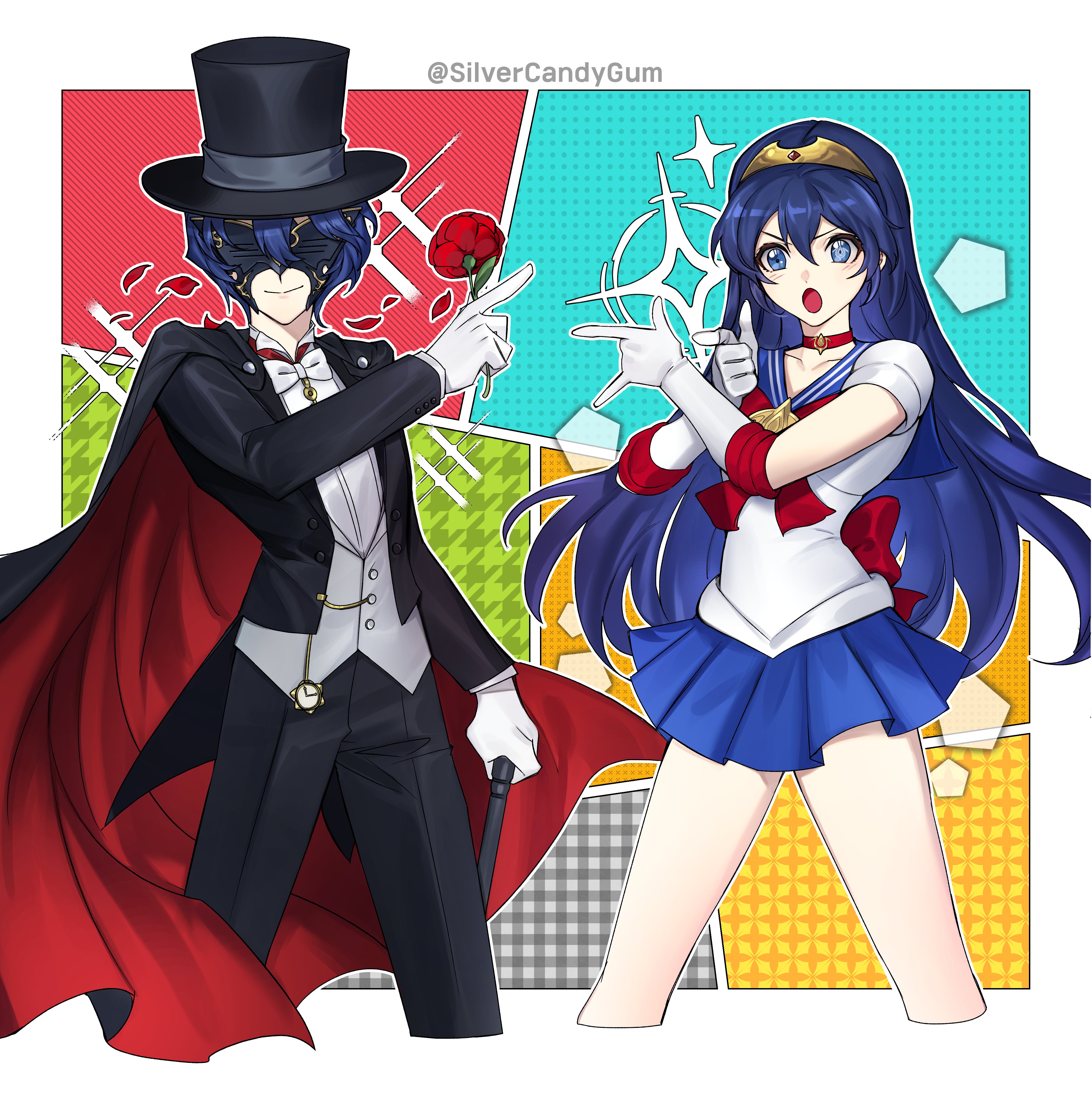2girls absurdres bishoujo_senshi_sailor_moon cape cosplay cropped_legs dual_persona fire_emblem fire_emblem_awakening flower gloves hat highres long_hair lucina_(fire_emblem) m/ marth_(fire_emblem_awakening) multiple_girls nintendo rose sailor_moon sailor_moon_(cosplay) sailor_senshi_uniform short_hair silvercandy_gum tiara top_hat tuxedo tuxedo_kamen tuxedo_kamen_(cosplay) white_gloves
