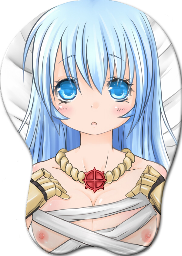 1girl black_gloves blue_eyes blue_hair blush breasts chest_sarashi cleavage commentary_request cross cross_necklace cross_of_prontera gauntlets gloves jewelry long_hair looking_at_viewer medium_breasts mousepad_(medium) necklace nipples open_mouth ragnarok_online sarashi simple_background solo sura_(ragnarok_online) upper_body white_background yoru_nagatsuki