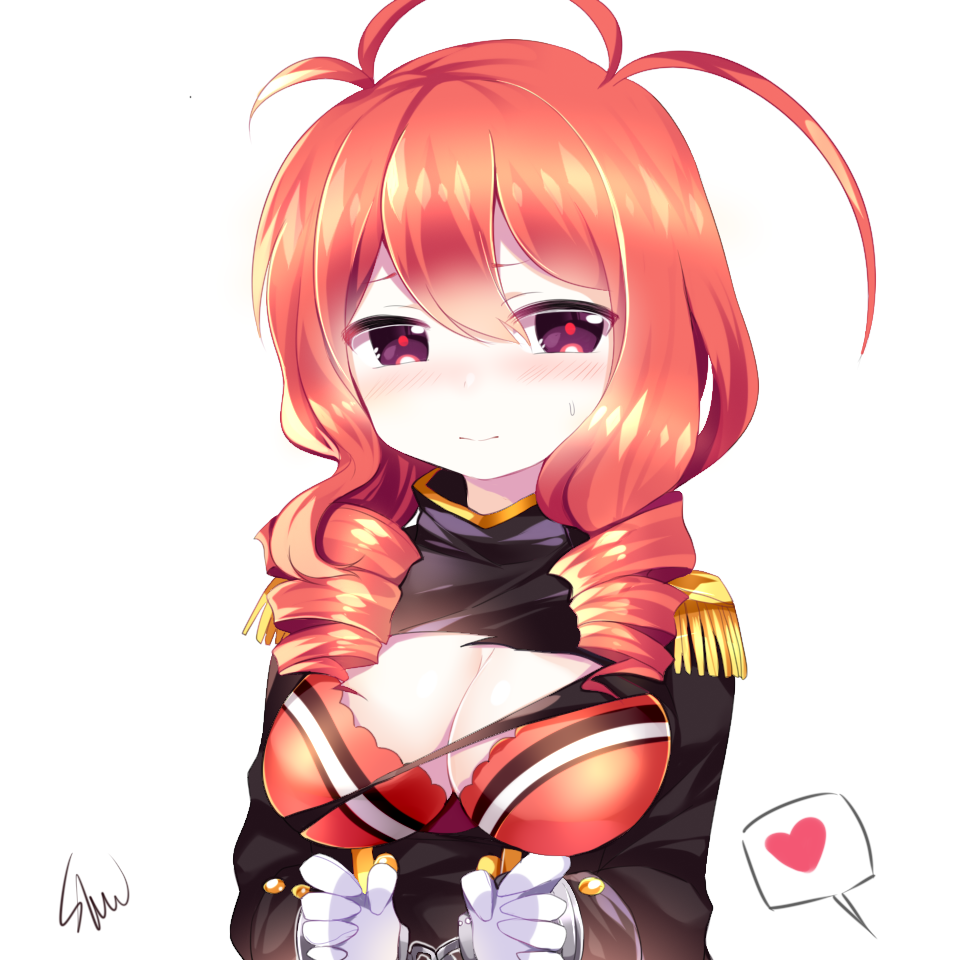 1girl antenna_hair blush bra breasts closed_mouth cuffs drill_hair epaulettes female_focus funamusea gloves handcuffs heart lobco long_hair looking_at_viewer medium_breasts oounabara_to_wadanohara purple_eyes red_bra red_hair shu_(pjxv7485) signature solo spoken_heart striped_bra striped_clothes sweatdrop torn_clothes underwear upper_body white_background white_gloves