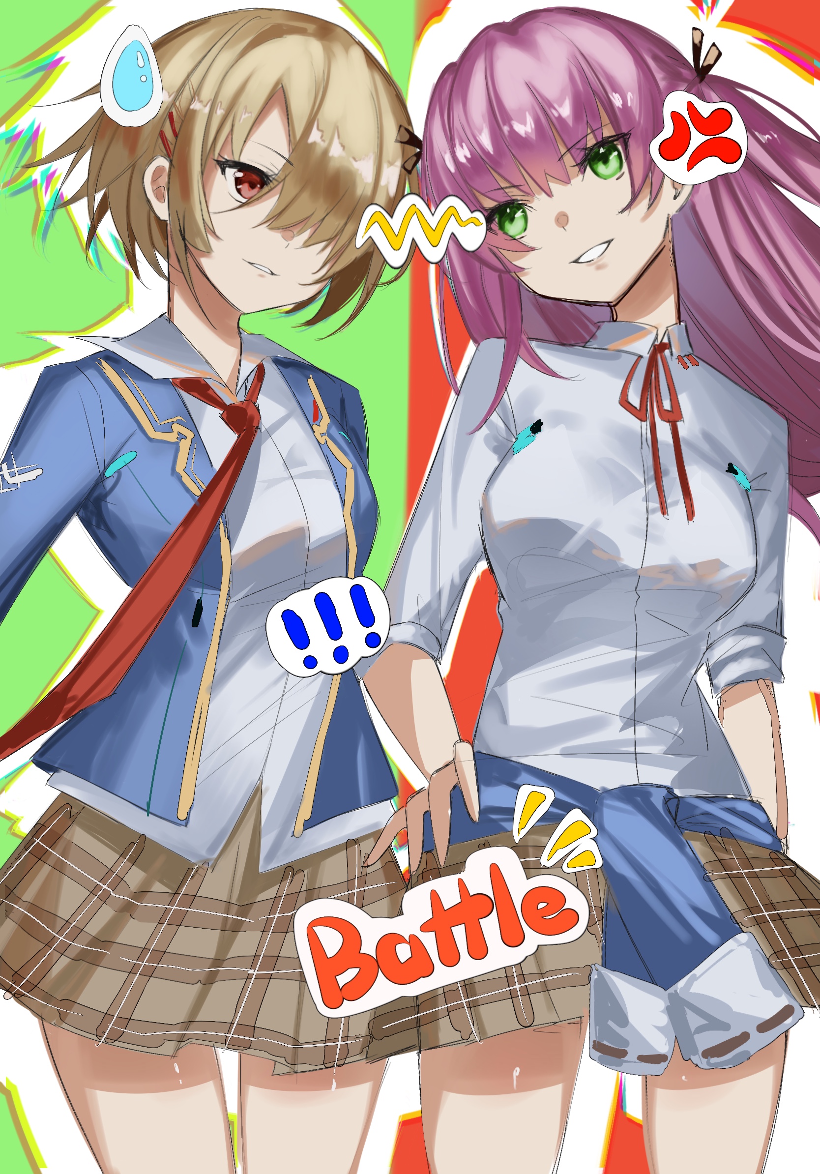 2girls aikawa_megumi blonde_hair blue_jacket breasts clothes_around_waist green_eyes hair_ornament hair_over_one_eye hairclip heaven_burns_red highres jacket kayamori_ruka kr_woyue long_hair multiple_girls necktie one_eye_covered pink_hair red_eyes red_necktie ribbon shirt short_hair two_side_up white_shirt