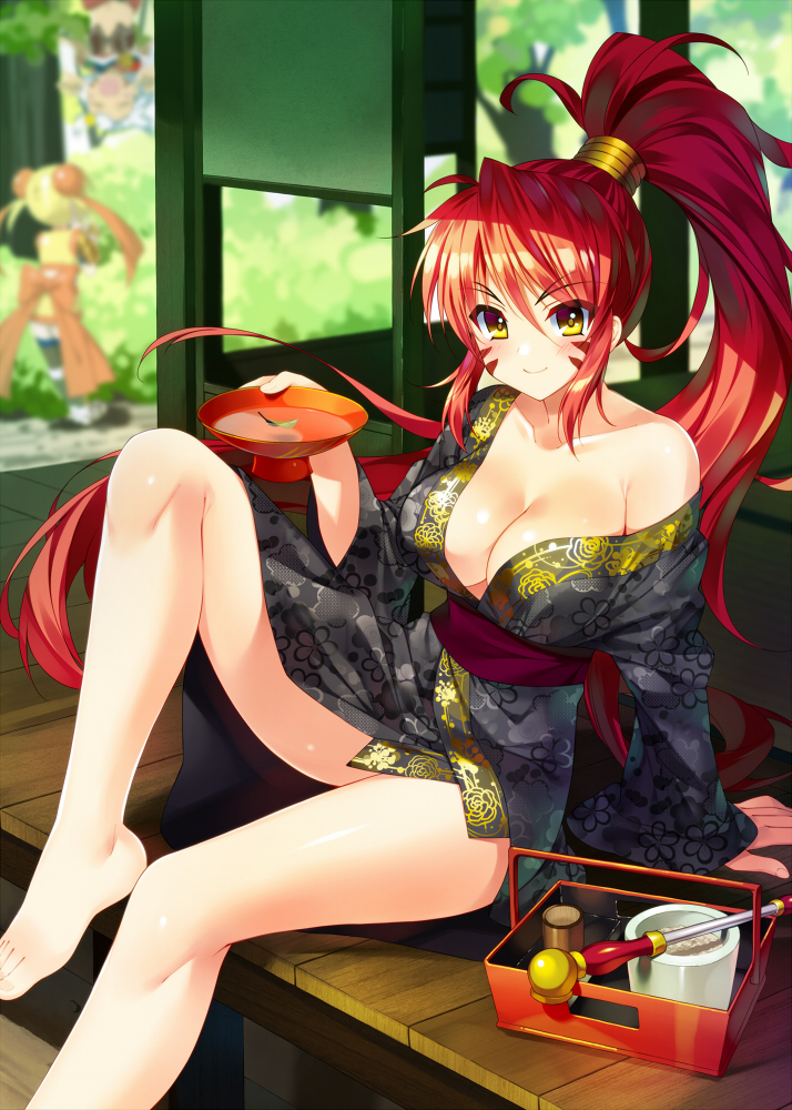 3girls :d arm_support barefoot blonde_hair blurry blush breasts brown_eyes bucchake_(asami) bush closed_mouth collarbone cup depth_of_field double_bun facial_mark hair_bun hide_yoshino high_ponytail holding japanese_clothes kimono kiseru large_breasts long_hair looking_at_viewer maeda_toshiie_(sengoku_otome) multiple_girls oda_nobunaga_(sengoku_otome) off_shoulder open_mouth ponytail red_hair sakazuki sengoku_otome sitting smile smoking_pipe standing tree upside-down v-shaped_eyebrows very_long_hair whisker_markings white_hair yukata