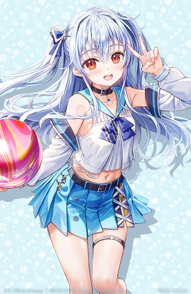 1girl ball bare_shoulders belt black_choker blue_sailor_collar blue_skirt bow bowtie choker commentary_request crop_top detached_sleeves fujima_takuya hand_up kagamihara_azumi long_hair long_sleeves looking_at_viewer midriff miniskirt navel open_mouth pleated_skirt red_eyes sailor_collar shirt skirt smile solo thigh_strap thighs two_side_up v white_hair white_shirt z/x