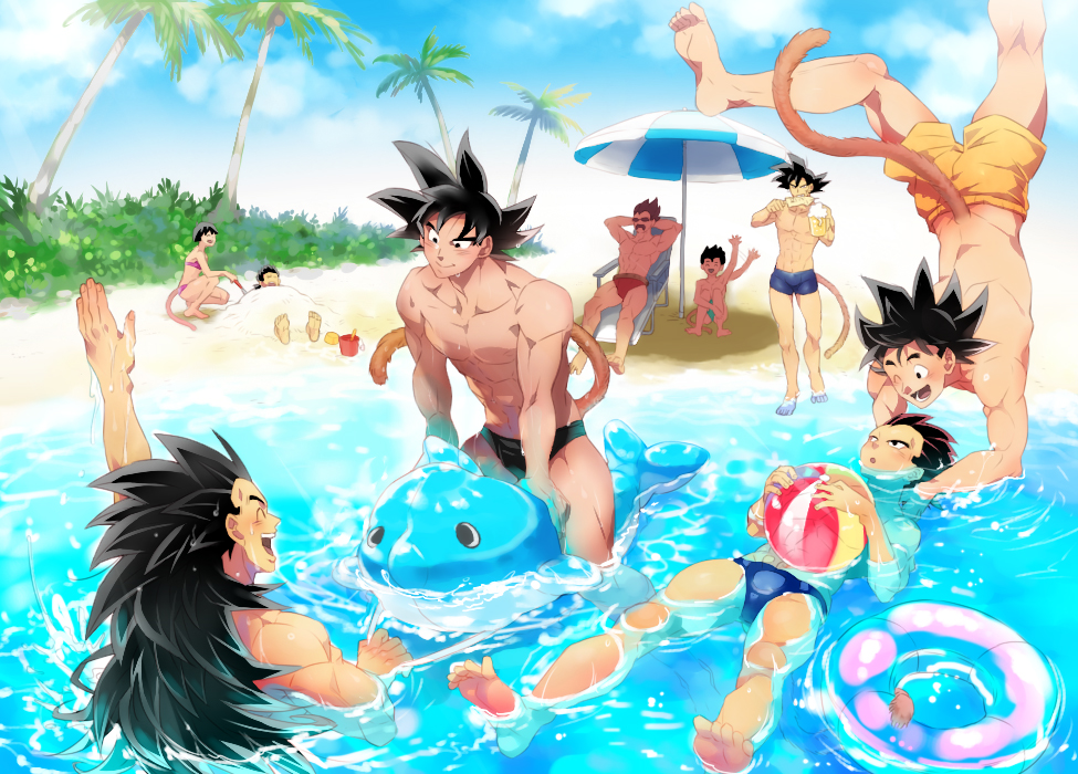 1girl 6+boys :o abs alcohol aqua_male_swimwear ball bardock beach beachball beer beer_mug black_hair black_male_swimwear blue_male_swimwear closed_mouth cloud cloudy_sky cup dark-skinned_male dark_skin day dragon_ball dragon_ball_z:_the_tree_of_might dragonball_z food holding holding_food inflatable_dolphin inflatable_toy innertube kakipiinu king_vegeta long_hair looking_at_another male_swimwear monkey_tail mug multiple_boys muscular muscular_male navel one_eye_closed open_mouth orange_male_swimwear outdoors partially_submerged pectorals raditz saiyan seripa short_hair sky smile son_goku spiked_hair summer swim_briefs swim_ring swimsuit tail tarble thighs toma_(dragon_ball) topless_male tullece vegeta water