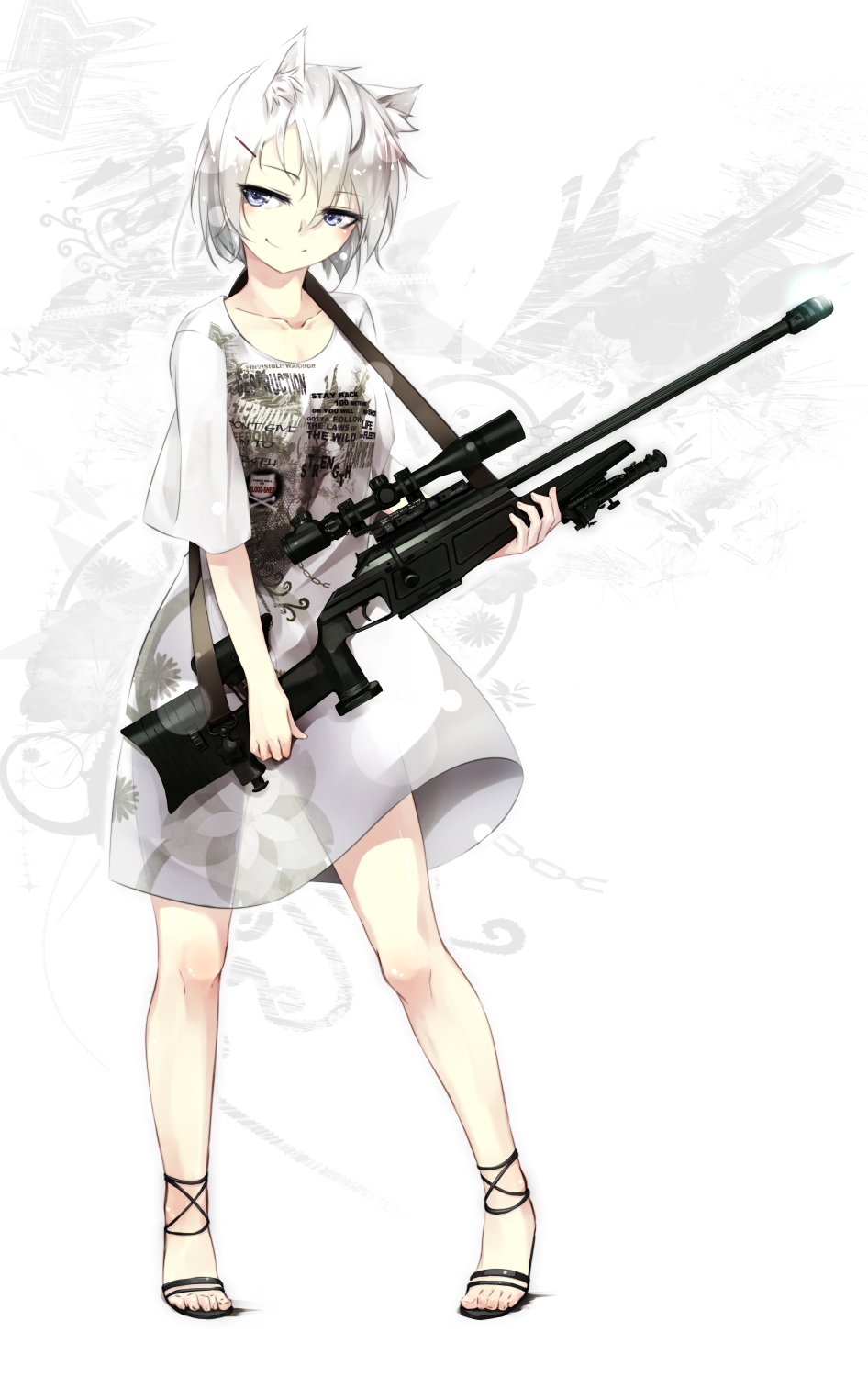 1girl animal_ears blaser_r93 blue_eyes bolt-action_rifle bolt_action cat_ears dress female_focus gorilla_(bun0615) grey_eyes gun hair_ornament hairpin highres holding looking_at_viewer military_program original precision_sniper_rifle_(military_program) prototype_design rifle see-through_silhouette shirt short_hair sniper_rifle solo straight-pull_rifle straight_pull t-shirt weapon white_hair