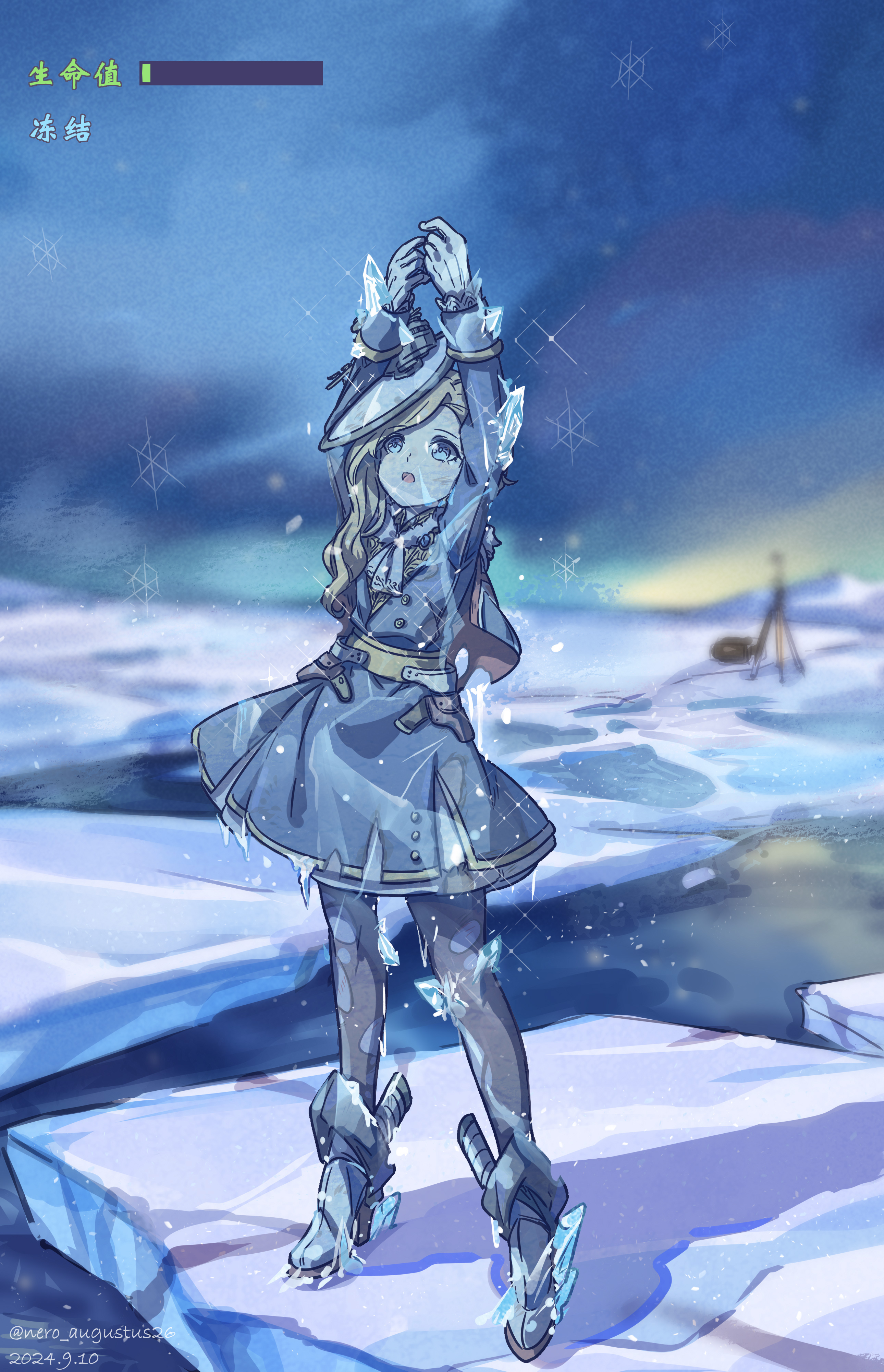 1girl absurdres aged_down arms_up azur_lane belt blonde_hair blue_capelet blue_dress blue_eyes brown_pantyhose capelet crystallization dress frozen gloves gold_trim highres hood_(azur_lane) ice ice_floe long_hair nero_augustus open_mouth pantyhose solo tilted_headwear union_jack union_jack_print white_gloves