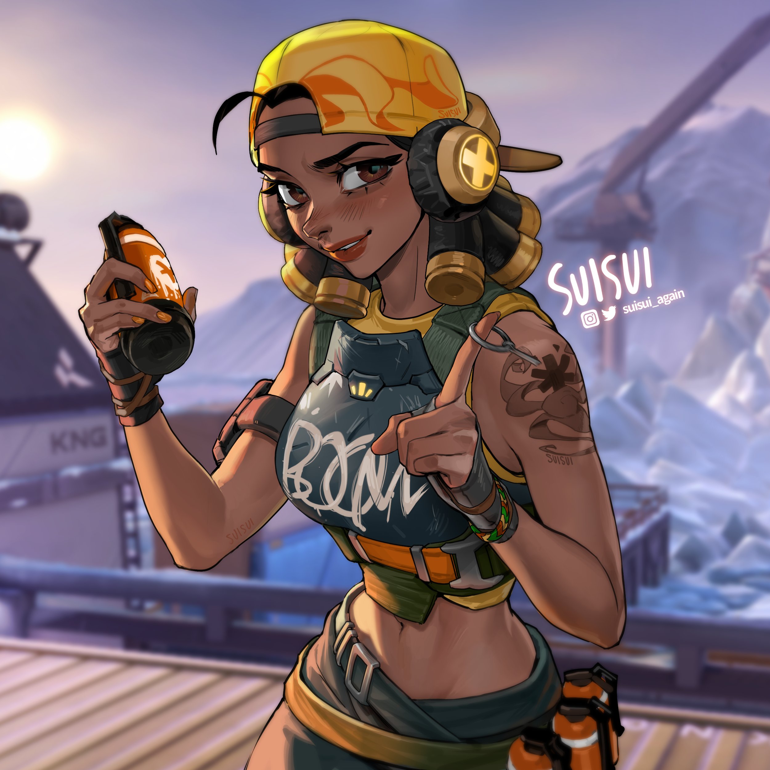 1girl absurdres arm_tattoo armor artist_name backwards_hat baseball_cap belt black_gloves black_hair blurry blurry_background bracelet breasts brown_eyes clothes_writing commentary crop_top dark-skinned_female dark_skin dreadlocks english_commentary explosive gloves green_pants grenade grenade_pin hat headphones highres holding holding_grenade instagram_logo instagram_username jewelry lips looking_at_viewer medium_breasts midriff multiple_belts nail_polish navel orange_hat orange_nails orange_shirt pants parted_lips raze_(valorant) shirt short_hair sideways_glance sleeveless sleeveless_shirt solo suisui_again tattoo teeth toned toned_female twitter_logo twitter_username valorant yellow_headphones