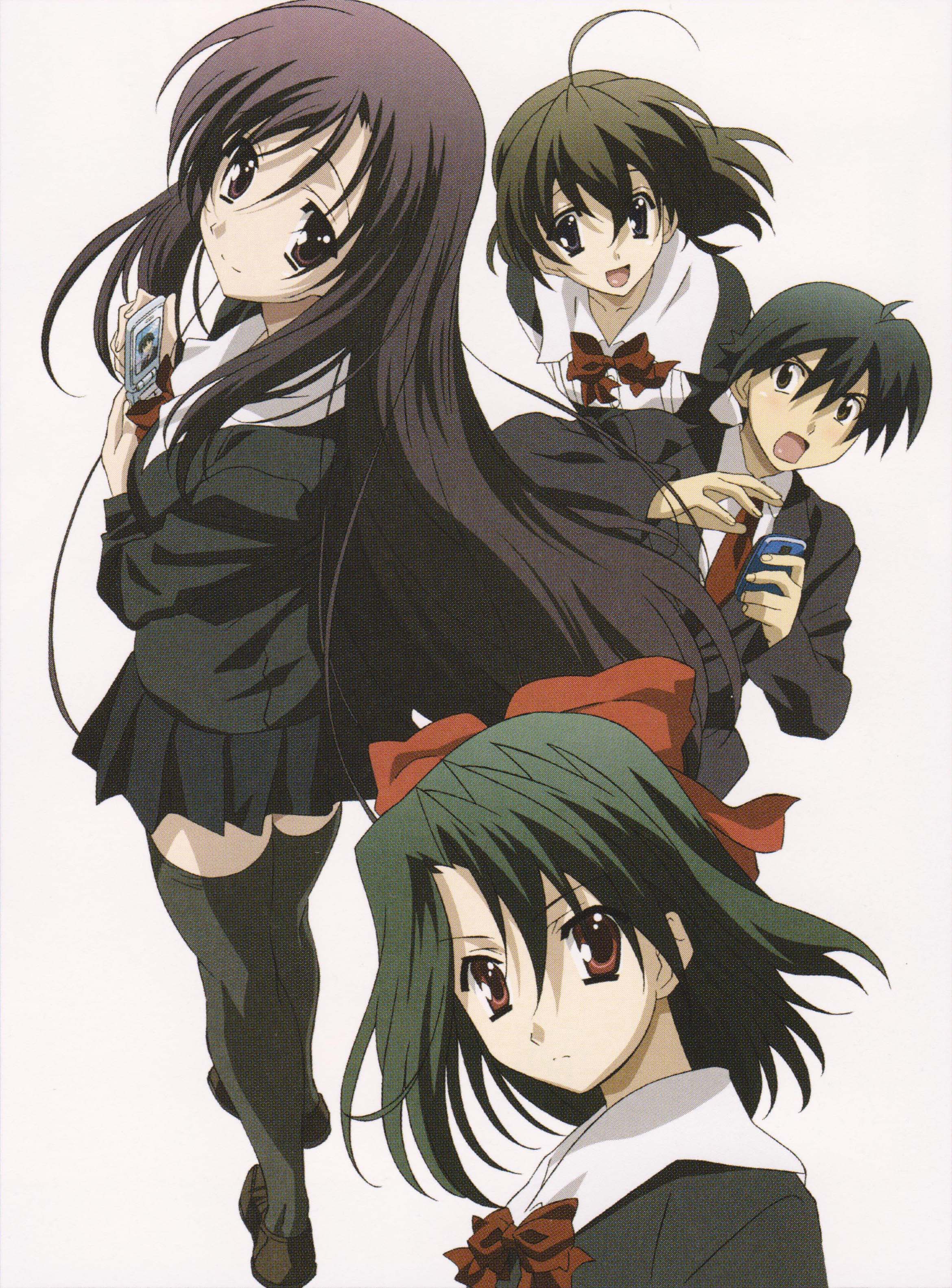 1boy 3girls absurdres artbook artist_request black_hair brown_eyes brown_hair cellphone color_halftone color_issue dark_green_hair flip_phone hair_ribbon highres itou_makoto_(school_days) katsura_kotonoha kiyoura_setsuna looking_at_viewer multiple_girls official_art phone red_eyes red_ribbon ribbon saionji_sekai scan scan_artifacts school_days school_uniform simple_background white_background