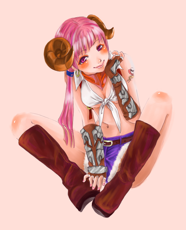 1girl alice_(afternoon_gleam) bandana belt blacksmith_(ragnarok_online) blush boots breasts brown_belt brown_boots brown_gloves cleavage closed_mouth commentary_request crop_top fingerless_gloves full_body gloves hand_on_own_cheek hand_on_own_face heart_attack leaning_forward long_hair looking_at_viewer medium_breasts navel pink_background pink_eyes pink_hair purple_shorts ragnarok_online red_bandana shirt short_shorts shorts shoulder_tattoo simple_background sitting sleeveless sleeveless_shirt smile solo tattoo tied_shirt white_shirt