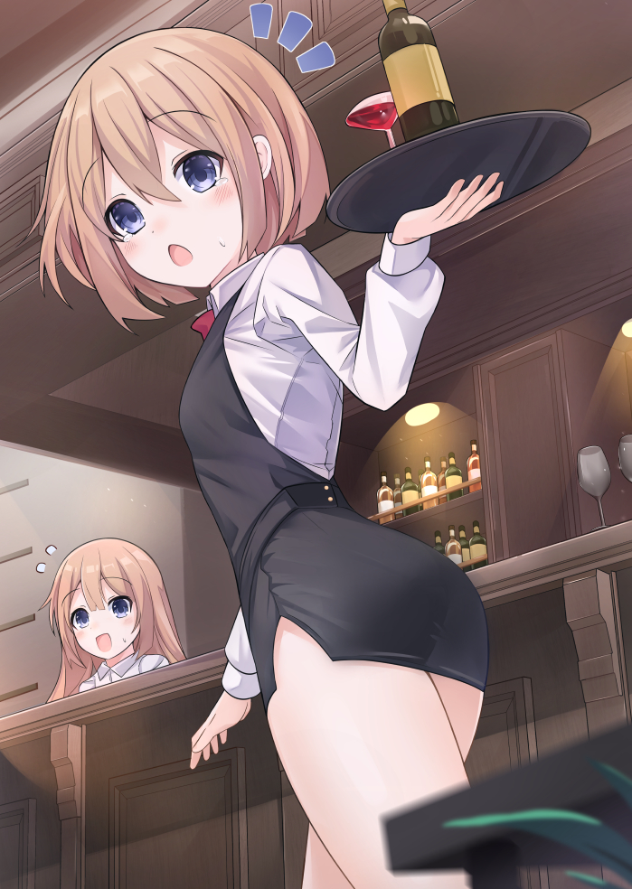 2girls alternate_costume ass black_dress blue_eyes blush breasts brown_hair choujigen_game_neptune choujigen_game_neptune_sisters_vs_sisters collared_shirt commission compile_heart cowboy_shot curious dress excited from_behind from_below from_side giga-tera hair_between_eyes hand_up happy holding holding_tray idea_factory indoors long_hair long_sleeves looking_at_viewer looking_back looking_down medium_hair multiple_girls neptune_(series) open_mouth pixiv_commission ram_(neptunia) rom_(neptunia) shirt siblings sisters skirt small_breasts solo_focus tears thighs tray twins upper_body waitress white_shirt