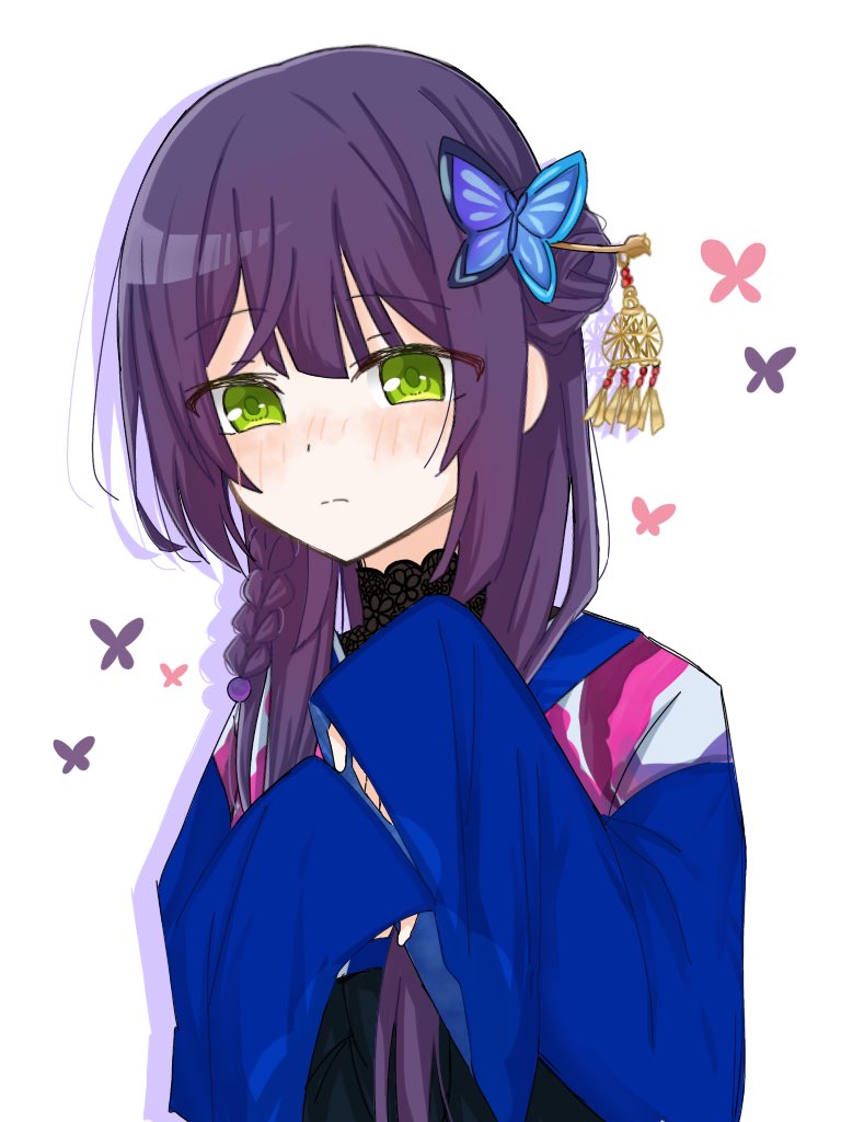 1girl assault_lily blue_kimono blush braid bug butterfly closed_mouth commentary_request drop_shadow funada_kiito green_eyes hair_bun hair_ornament hands_up insect japanese_clothes kanzashi kimono long_hair long_sleeves looking_at_viewer nose_blush official_alternate_costume official_alternate_hairstyle pink_butterfly purple_butterfly purple_hair sana_(hs_yp1) side_braid single_braid single_side_bun sleeves_past_fingers sleeves_past_wrists solo upper_body
