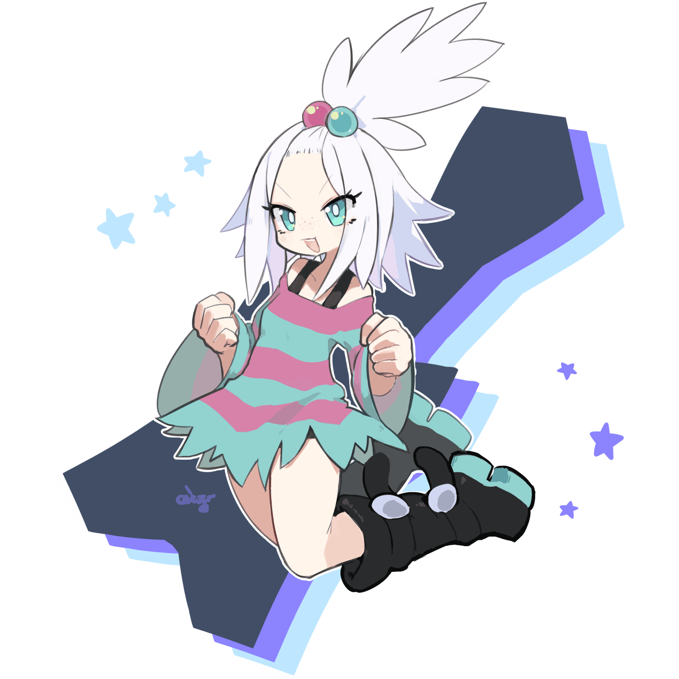 1girl bike_shorts blue_eyes boots ceroro commission dress freckles guitar_case gym_leader hair_bobbles hair_ornament highres instrument_case jumping looking_at_viewer nintendo pokemon pokemon_bw2 roxie_(pokemon) solo strapless strapless_dress striped_clothes striped_dress topknot white_hair