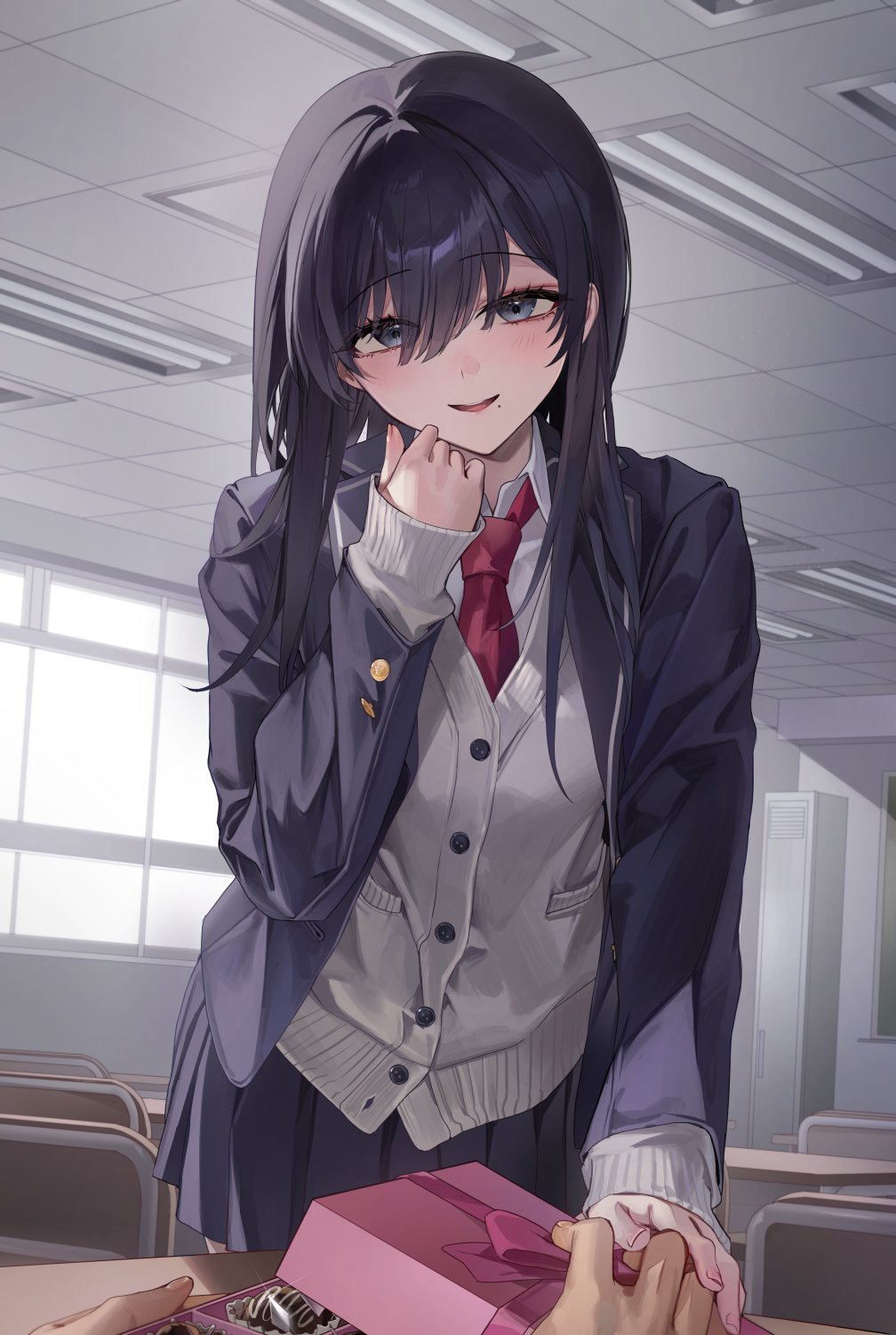 1boy 1girl black_eyes black_hair black_jacket black_skirt breasts chocolate classroom collared_shirt commentary_request cowboy_shot grey_sweater hand_up highres indoors jacket light_blush long_hair looking_at_viewer mole mole_under_mouth necktie original pov pov_hands red_necktie sabotensuteeki shirt skirt small_breasts smile sweater white_shirt